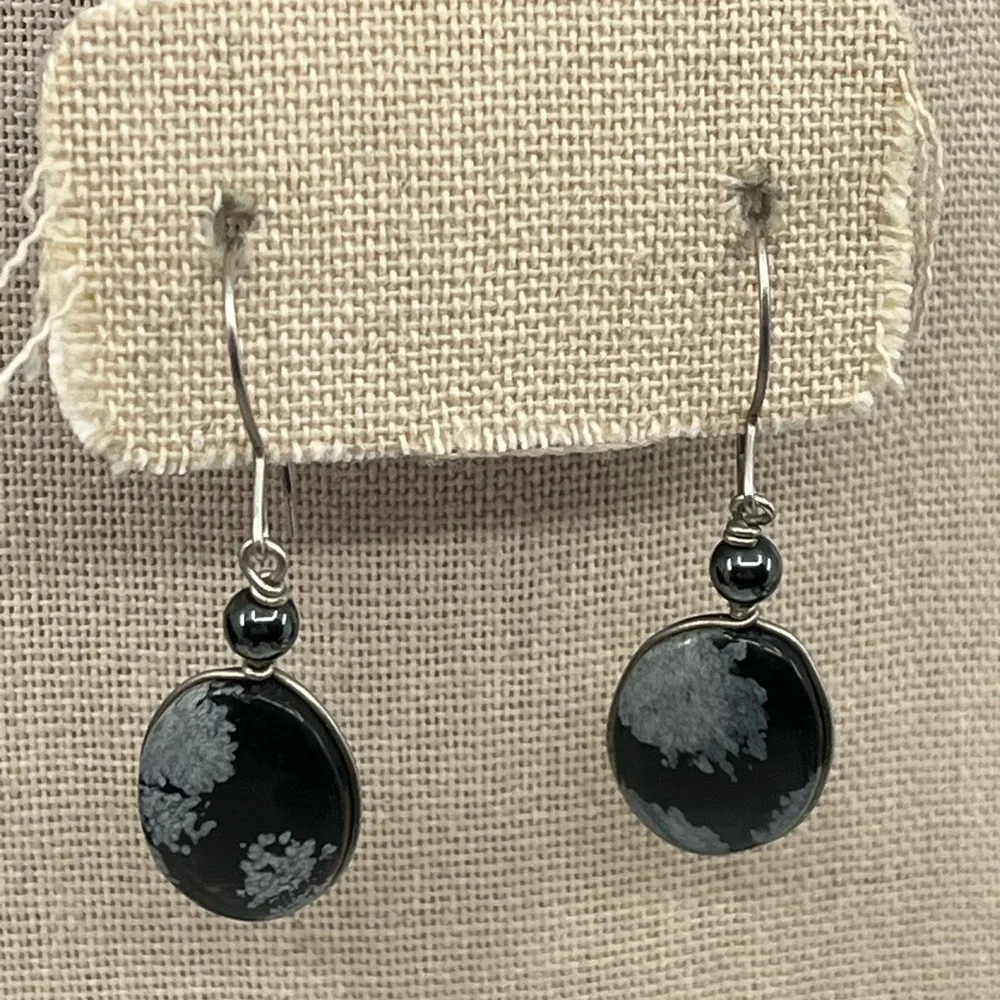 Handmade Vintage 1990's Snowflake Obsidian & Black Pearl Earrings - Picture 3 of 16